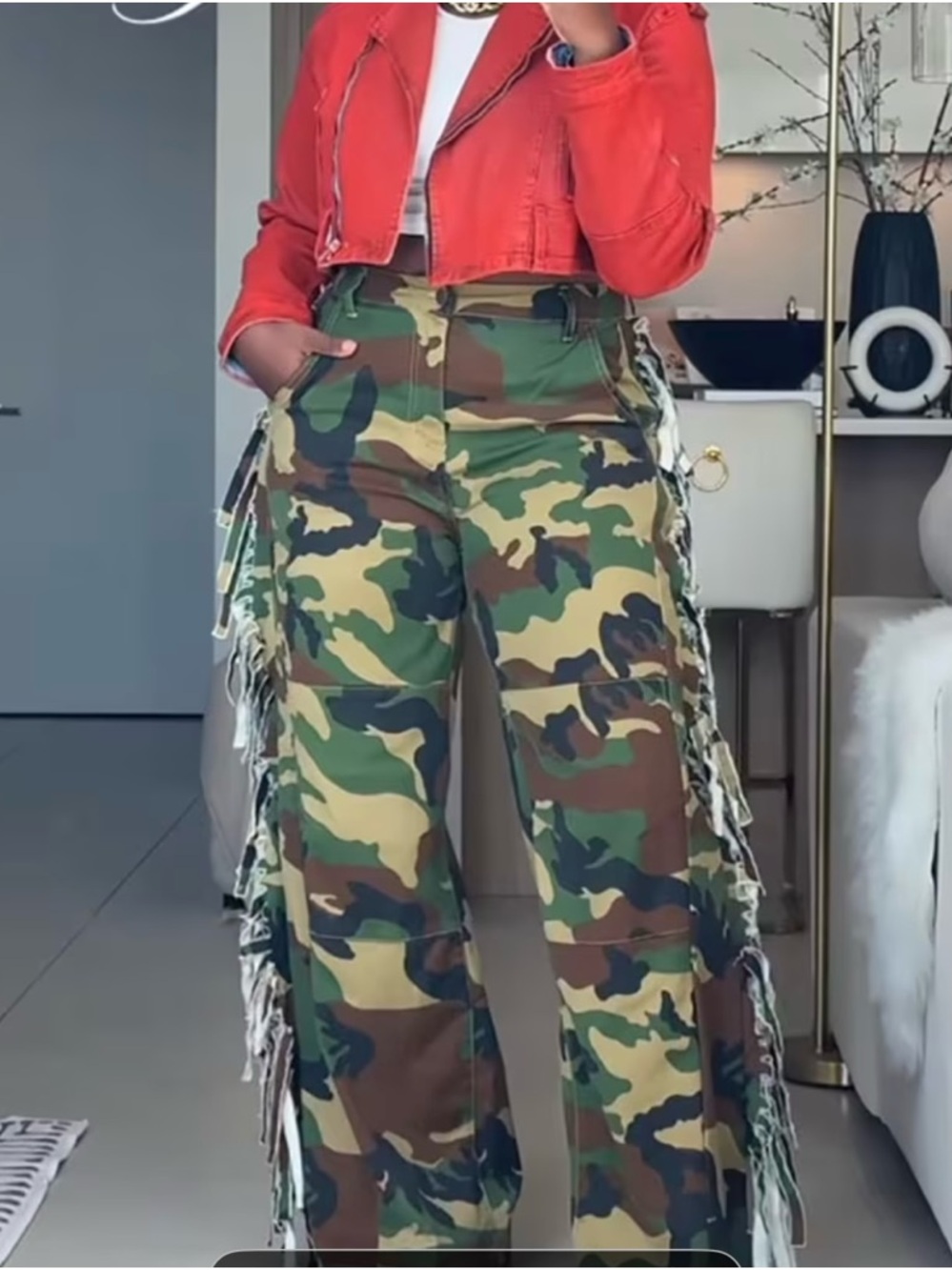 NWT Camo Fringe Wide-Leg Cargo Pants - Green Camouflage